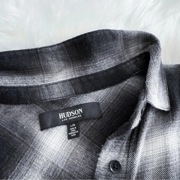Hudson Oversized Flannel Button Down Shirt Raw Hem Distressed Plaid Black Gray - Picture 5 of 12